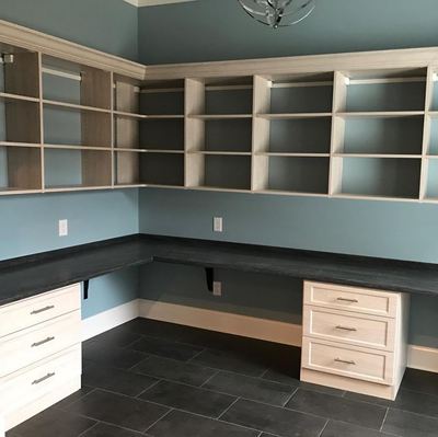 home office desk, drawers and custom shelving